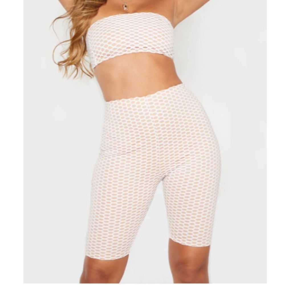 White fishnet biker short and bandeau top set